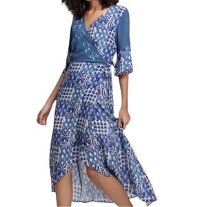 Floral Cottagecore Feminine Embroidered True Wrap Dress in Indigo Blues SZ XS